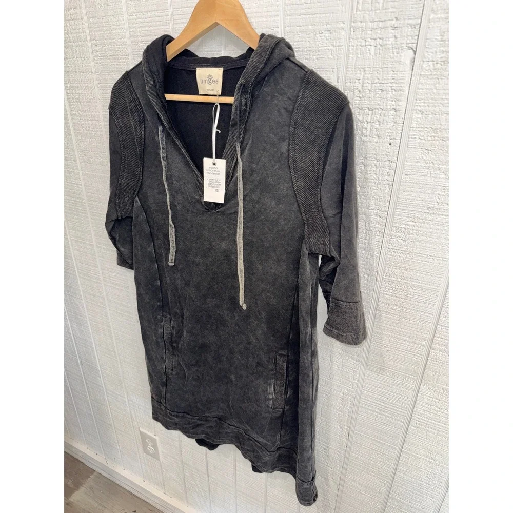 Umgee Hoodie Dress Womens Charcoal Gray Mineral Wash Ribbed Knit Mini S/M - Picture 2 of 7